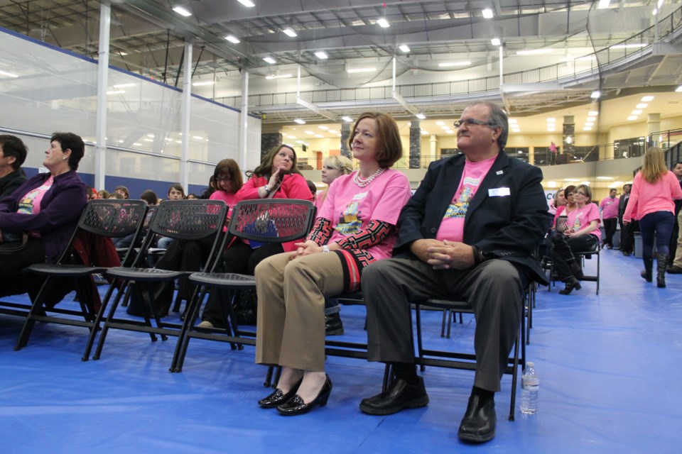 Former premier Alison Redford with Mayor Aurel Langevin at Pink Shirt Day in February.