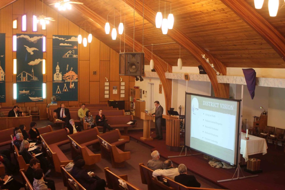 Lakeland Catholic superintendent Joe Arruda speaks at the board&#8217;s public meeting in Lac La Biche April 16.