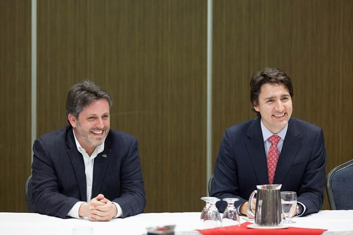 Federal Liberal Party leader Justin Trudeau (right) with Kyle Harrietha (left), the party&#8217;s candidate in the upcoming Fort McMurray-Athabasca by-election, in Fort