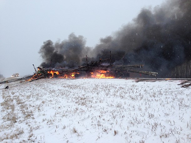 The conflagration at Saturday&#8217;s deadly Highway 881 crash involving a fuel tanker, a logging truck and a pickup truck.