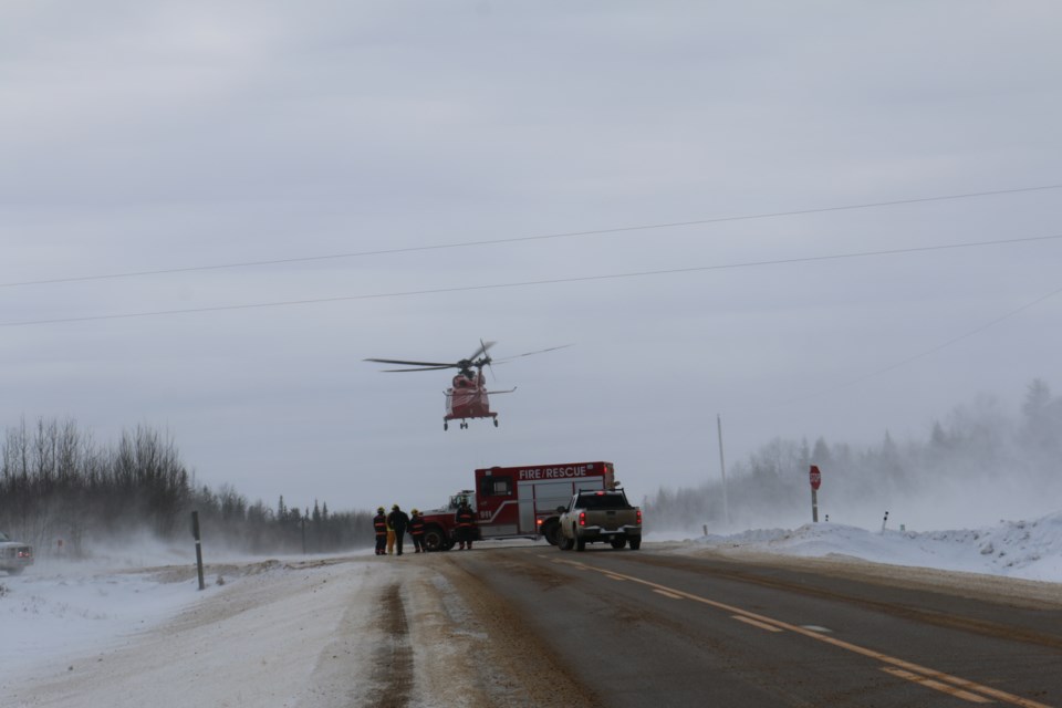 STARS air ambulance departs from Highway 858 to transport a two-year-old local child to hospital in Edmonton.