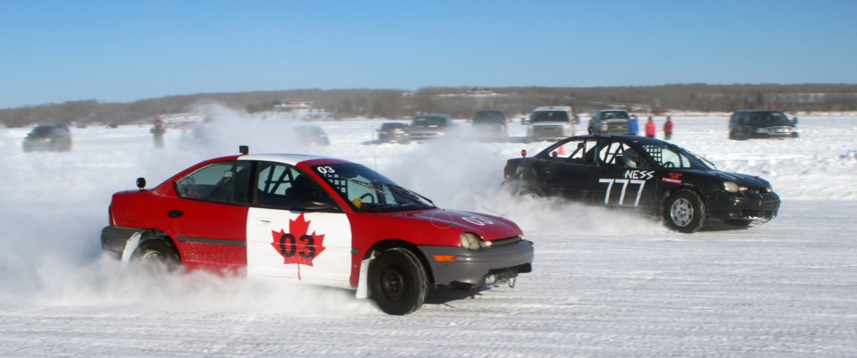 Peter Seifert, in car #3, drifts around a wide corner during the Winter Festival of Speed.
