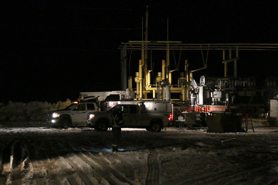 Altalink crews worked to attach a mobile substation to the power grid at the Lac La Biche substation on the evening of March 9.