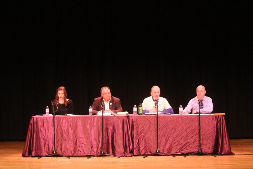 The candidates speak at the Lac La Biche debate on April 28. From left: NDP candidate Catherine Harder, PC candidate Darrell Younghans, Green candidate Brian Deheer and