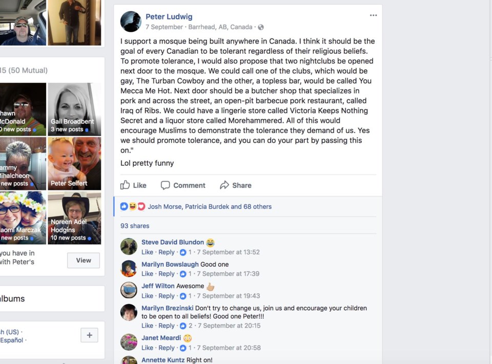 The post was on mayoral candidate Gail Broadbent-Ludwig husband&#8217;s facebook site. If some thought it was humourous, the Islamic leader of Lac La Biche Muslims thinks the 