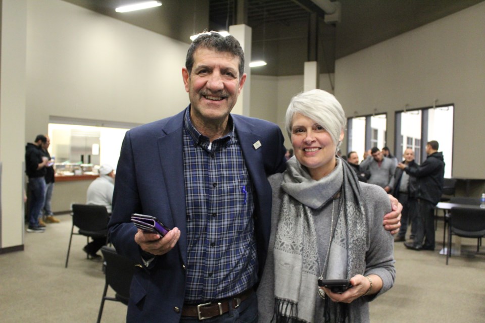 Mayor-elect Omer Moghrabi with his wife Bev at Tara&#8217;s Pizza at the Bold Centre on Monday after the election results were called. Moghrabi beat his competitor Gail