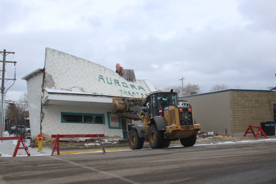 The Aurora Theatre in Lac La Biche in the process of being demolished.