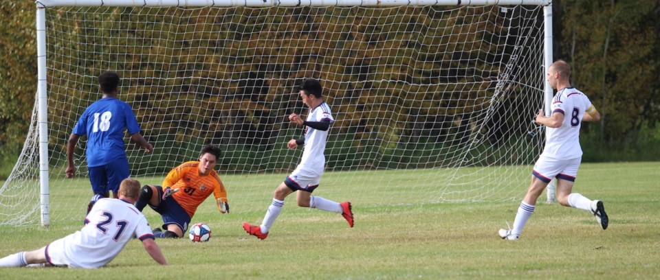 Voyaguers Goalie David Rodriguez and Voyaguers Defence at home against Keyano College