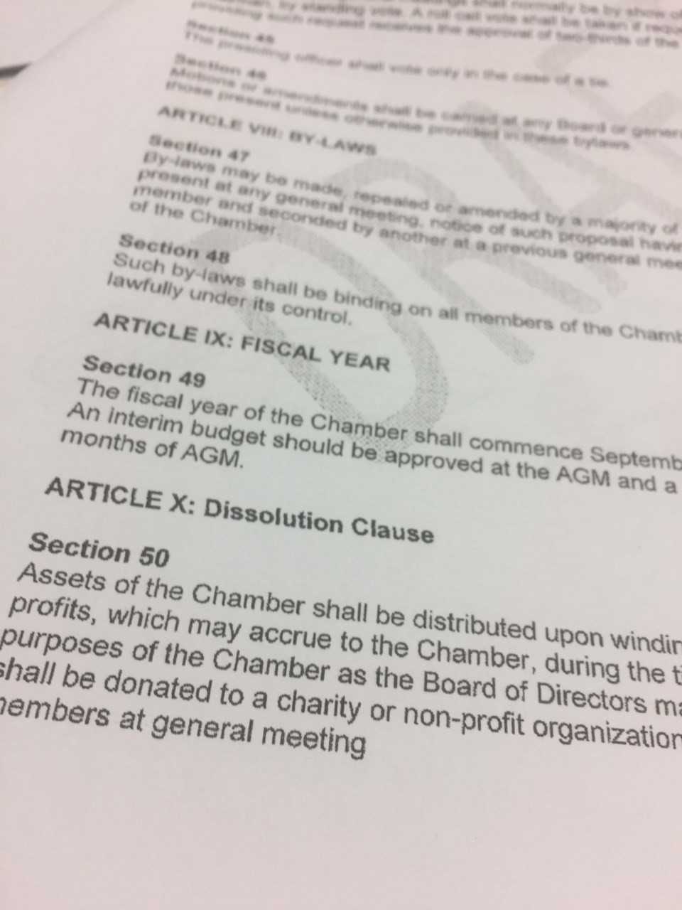  Article 10, Section 50 was a hot topic of the Chamber's bylaws at Monday night's AGM. It outlines how to dissolve the organization.