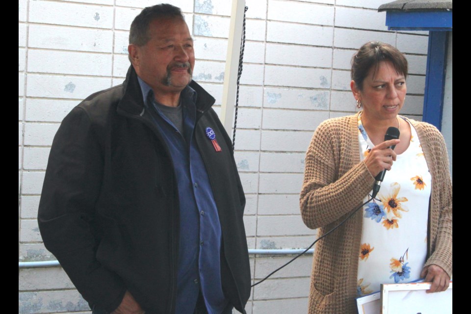 Jimmy Cardinal, who currently serves as president of the Métis Nation of Alberta (MNA) Region One office in Lac La Biche, gave a goodbye speech during the farewell party that took place on Wednesday, Sept. 13. In photo with Cardinal is Cheryl Gordon, Region One consultation coordinator. After the election for the first-ever Otipemisiwak Metis Government in the province, which runs from Sept. 13-19, the six MNA regions across the province will switch to 22 districts, with Lac La Biche County belonging to District 19. Each district will have a citizens’ representative and a captain, replacing regional presidents and vice presidents. Chris McGarry photo.