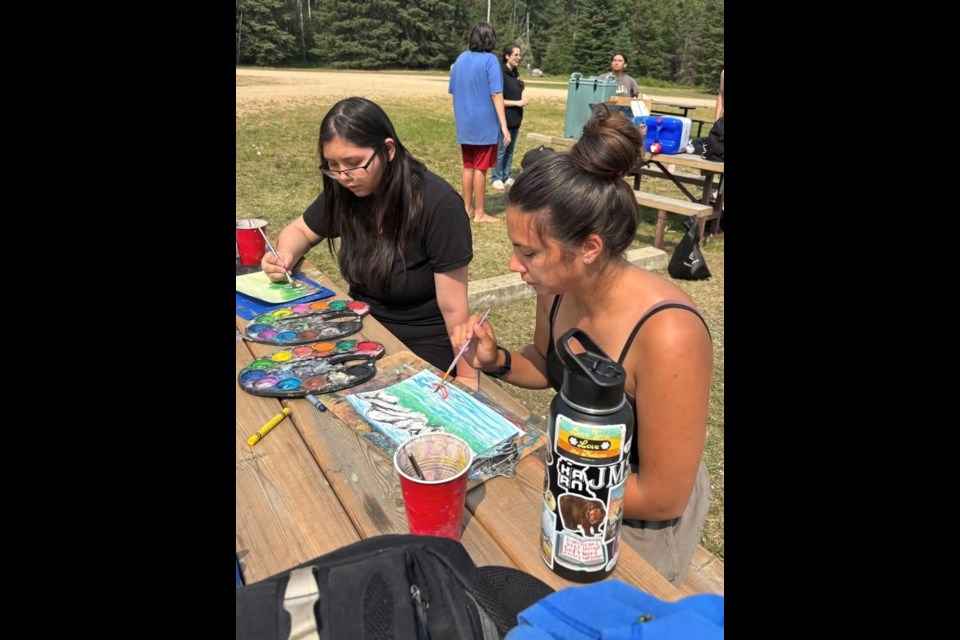 June Crooker and Miya Lamoureux participate in the water colour activity that was offer at the Lac La Biche County FCSS Teen Social Club event, which took place at Touchwood Lake on July 17. Photo supplied. 