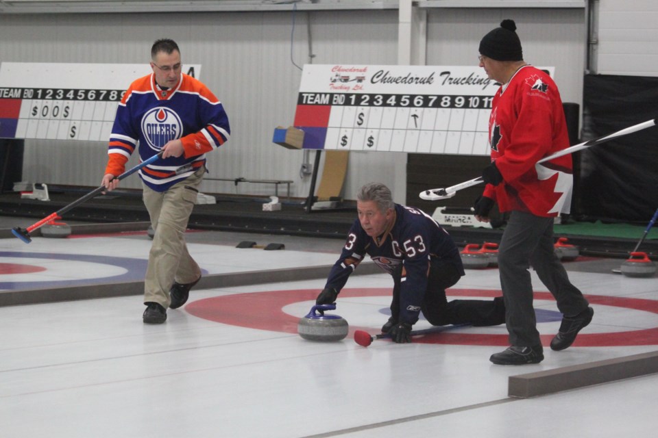 Les Cote, Bryan Shapka and Allan Moghrabi competing in the 2025 Men’s Curling Spiel. Chris McGarry photo. 