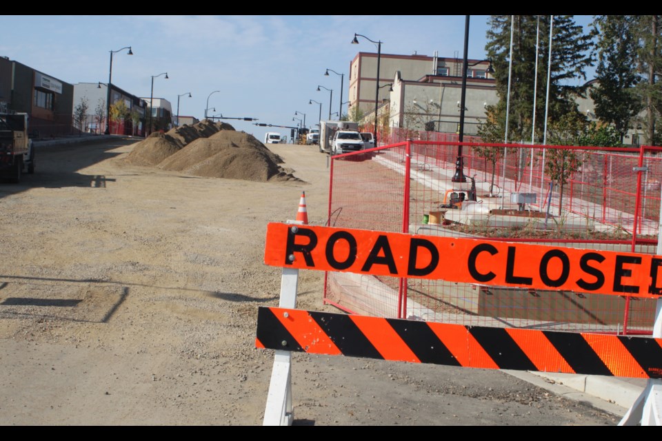 Lac La Biche's Main Street (101 Ave.) is expected to be fully open on Sept. 8. In late April, work on the third and final phase of the $32.5 million Main Street revitalization project got underway, with orange steel barricades going up to block off a section of 101 Avenue in the hamlet of Lac La Biche between 101 Street and 100 Street. Chris McGarry photo.