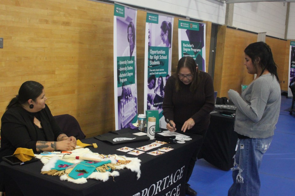 Brittany Rabbitskin was one of hundreds of people who attended the Portage College annual fall open house on Monday, Nov. 6 at the Lac La Biche campus. Rabbitskin was interested in the Aboriginal Arts program and chatted with Tanya Mustus, Native Arts and Culture instructor, and Ruby Sweetman, and coordinator/instructor in the program. Chris McGarry photo.