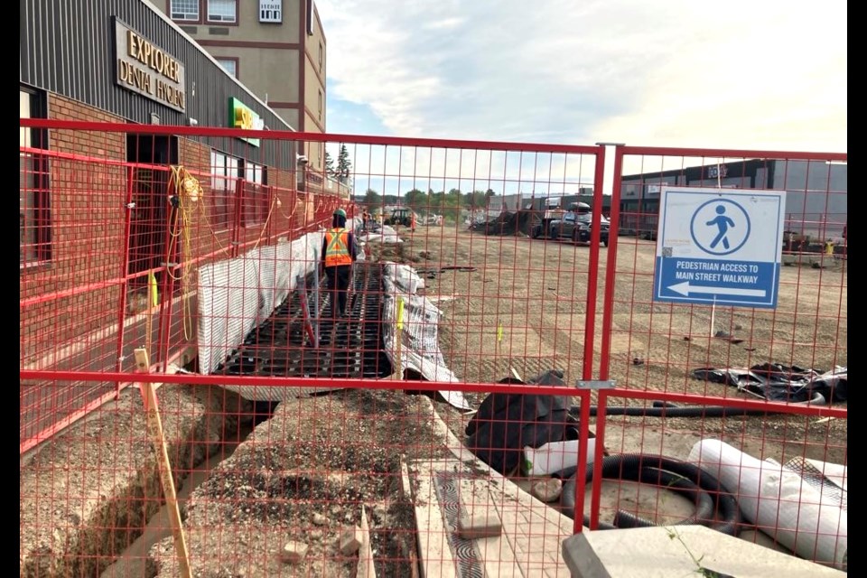 A block of Main Street (101 Avenue) in Lac La Biche from 101 Street to 102 Street is closed to vehicles and foot traffic as work on the final phase of the $32.5 million Main Street Revitalization project continues. Chris McGarry photo. 