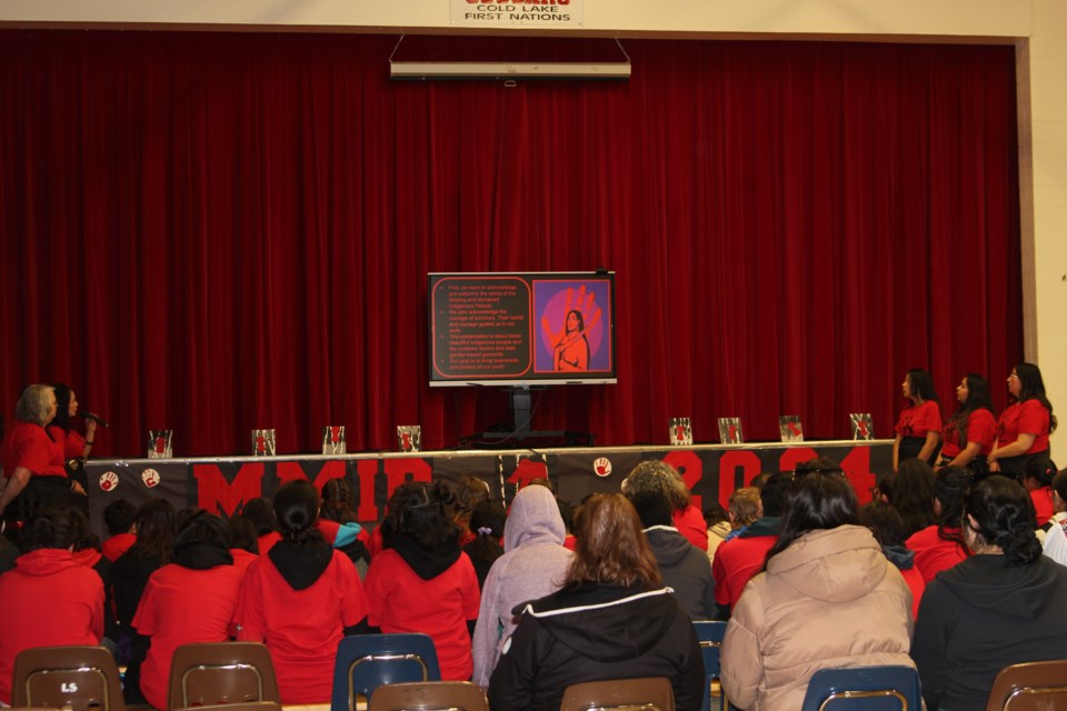 A presentation given by the teachers at Cold Lake First Nations John N.A. Janvier School gym. Everyone in the presentation wore red.