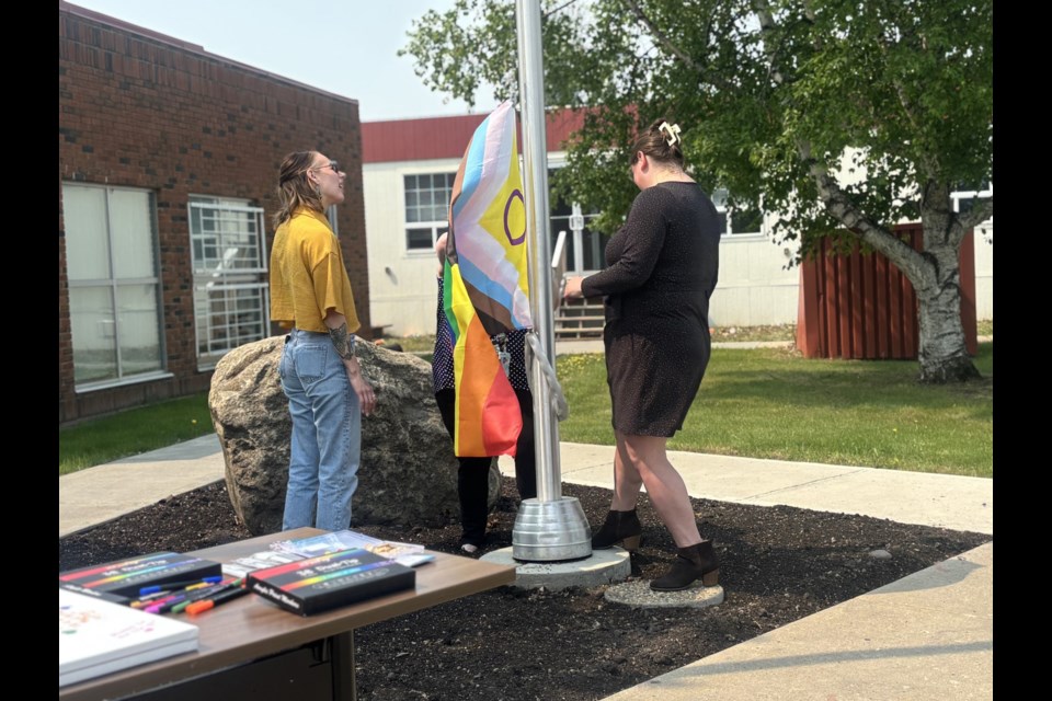 The two flag raisers Shaunna Okemow (Left) and Janine Heebert  (right), were the ones fo raise up the Pride flag at City Hall on May 30.