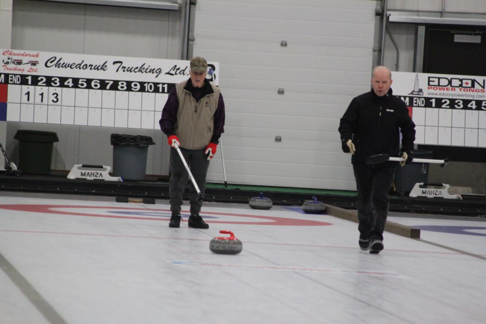 Robert Dupro and Ron Ulliac were amongst the small group who gathered at the Bold Centre on Tuesday afternoon for drop-in curling. This recreational curling session is held every Tuesday from 1-3 p.m. Chris McGarry photo.