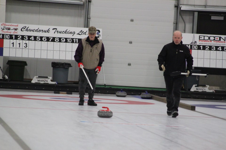 Robert Dupro and Ron Ulliac were amongst the small group who gathered at the Bold Centre on Tuesday afternoon for drop-in curling. This recreational curling session is held every Tuesday from 1-3 p.m. Chris McGarry photo.