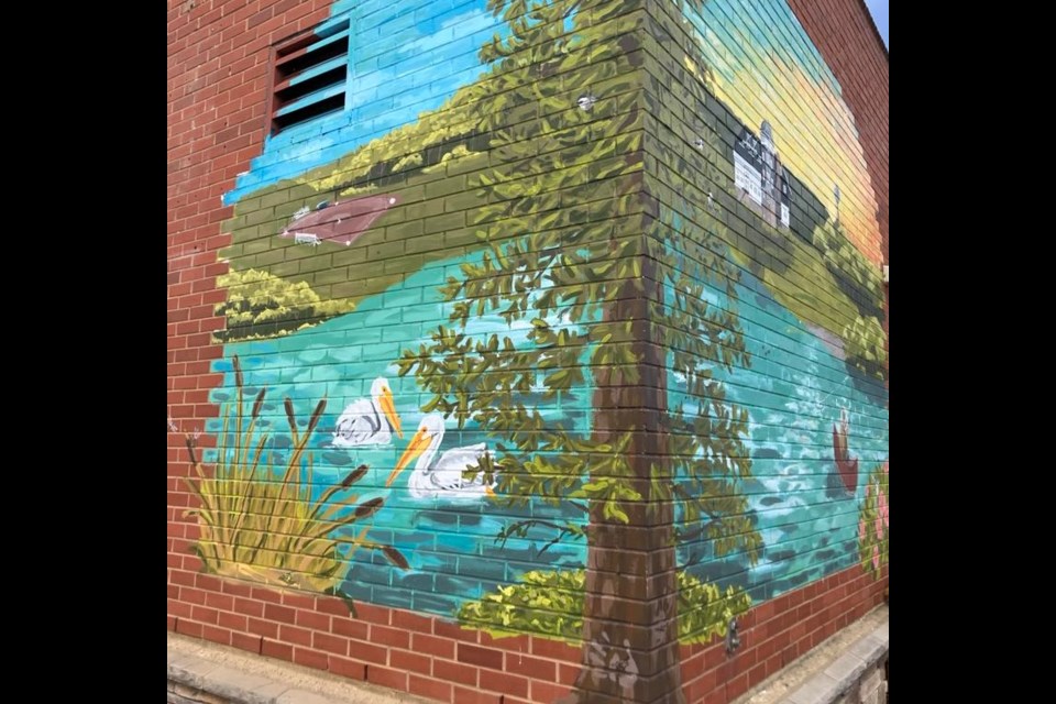 A wide view showing both sides of the mural, which features birds, Lac La Biche Lake, the community's old ball diamonds, and the historic Lac La Biche water tower. Chris McGarry  photo. 