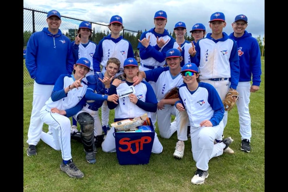 The 15U AA tournament that took place at the Bold Centre ball diamonds  included a food drive in which players were encouraged to bring items to be donated to local food banks. The team that brought the most food to the ball field, the South Jasper Place Jays, won the challenge. Submitted photo. 