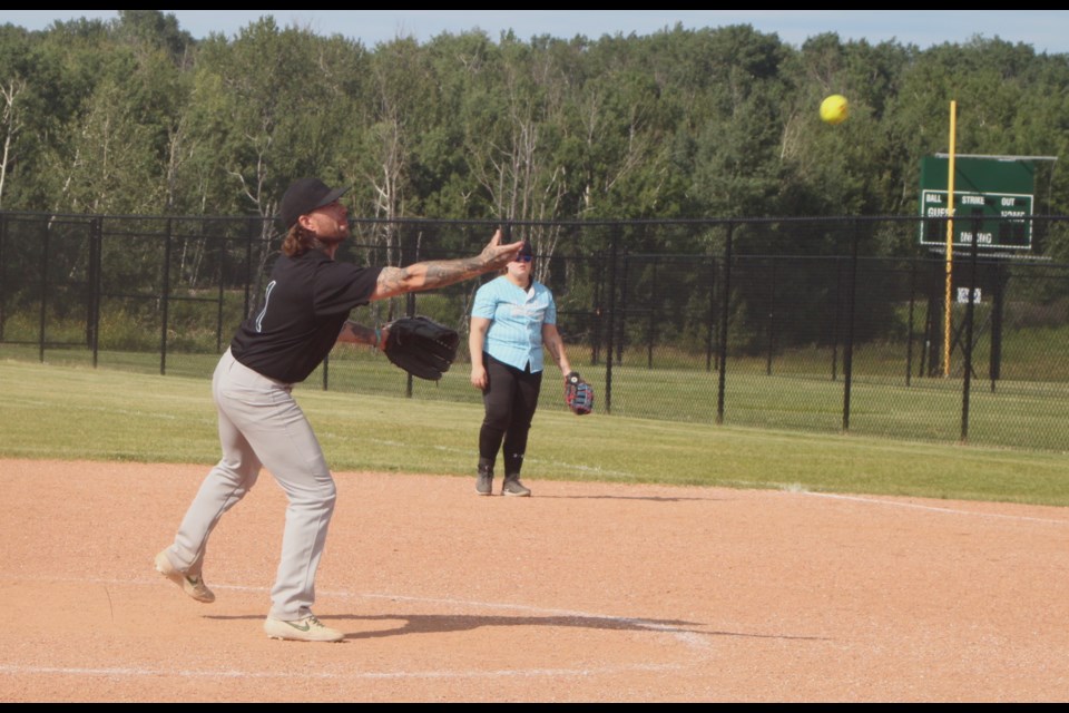 Stefan Twigge of Lac La Biche pitches for the Bonnyville Wombats during an Aug. 3 afternoon game against the Morinville Pitch Slaps. Chris McGarry photo. 