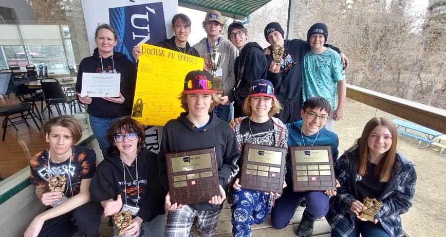 Members of the theatre group from École Beauséjour won best production for their play Docteur au Paradis (Doctor of Paradise) at the FTJA (Festival Théâtre Jeunesse d’Alberta), which took place from April 18-21 in Gull Lake. Back row - Sara Doody (teacher), Lucius Plamondon, Drayton Romanyshyn, Seth Plamondon, Finley Doody, and Wilson Gauthier. Front row - Matteo Giammarioli, Milo Cloutier, Jaxon Gauthier, Owen Tibbetts, Aymeric Plamondon, and Mya Chevigny. 