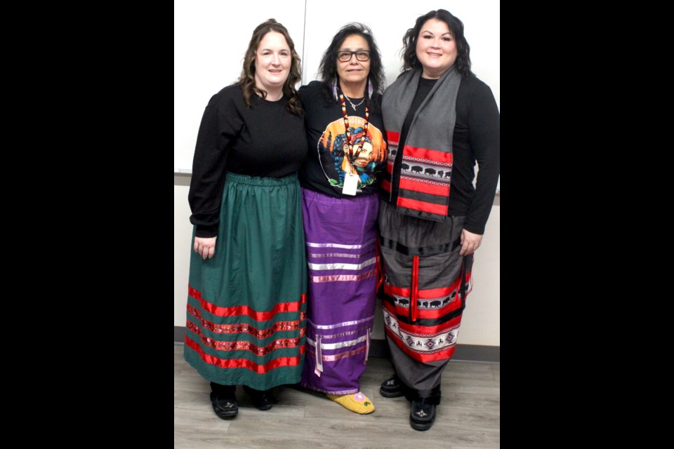 Many of those who attended the event to celebrate National Ribbon Skirt Day such as Pam Routhier, Lorna Jacknife, and Sheera Bourassa, wore traditional colourful ribbon skirts. The event took place Thursday at the Lac La Biche County Protective Services building. Chris McGarry photo. 