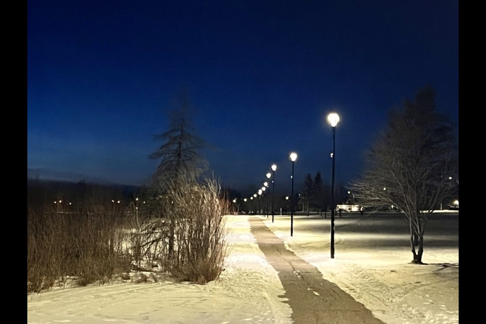The Jessie Lake Walking Trail lit up at night. Submitted photo. 