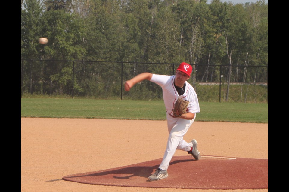 Tristan Seitz of the Rycroft Rage pitches during a game against the Peace River Stampeders during a game on Sunday, Aug. 3 for the Lac La Biche Pow Wow Days baseball tournament. Six teams took part in the AA tournament. Rycroft won top spot while Peace River came in at second place. Chris McGarry photo.
