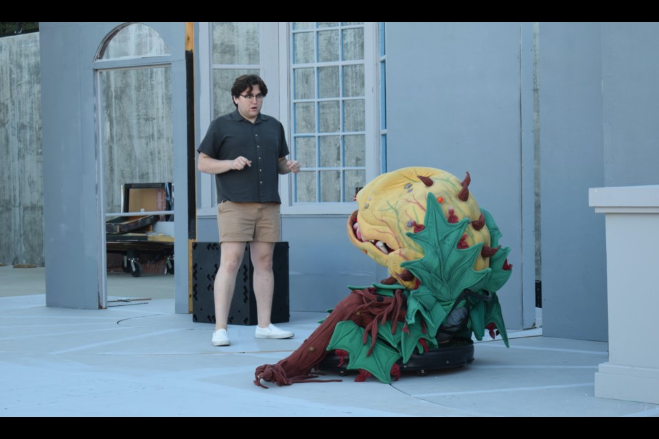 Mathew Glynn (Seymour) and Logan Schluntz (in costume as Audrey II) rehearse ahead of the debut of "Little Shop of Horrors."