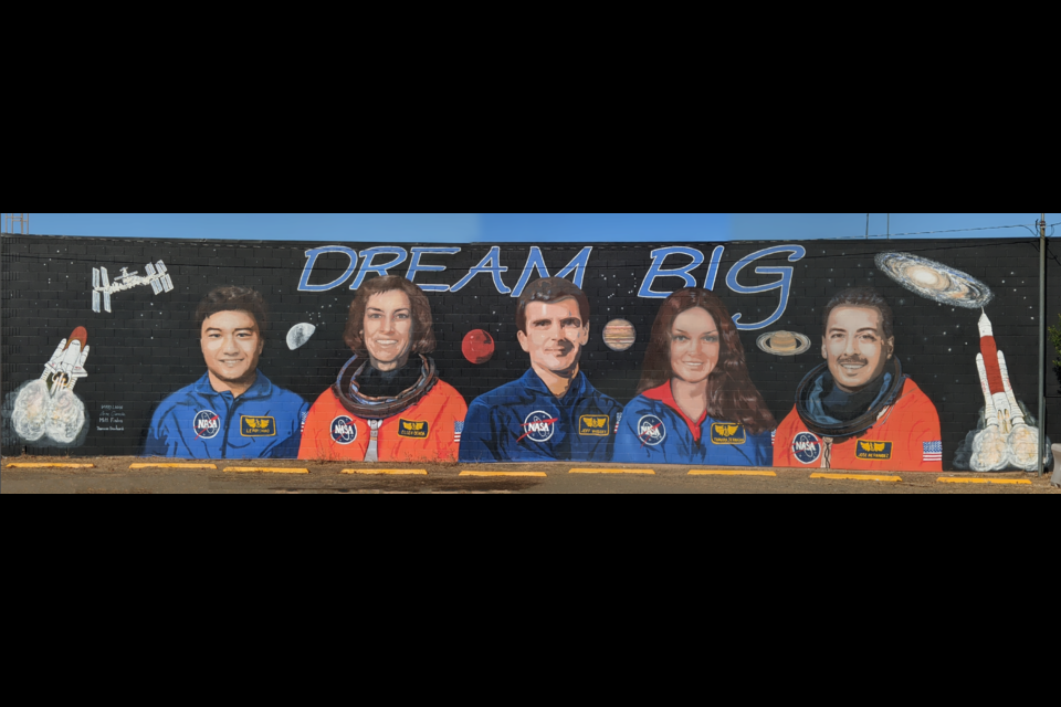 The astronauts featured on the downtown mural include (from left) Leroy Chiao, Ellen Ochoa, Jeff Wisoff, Tammy Jernigan and José Hernández.