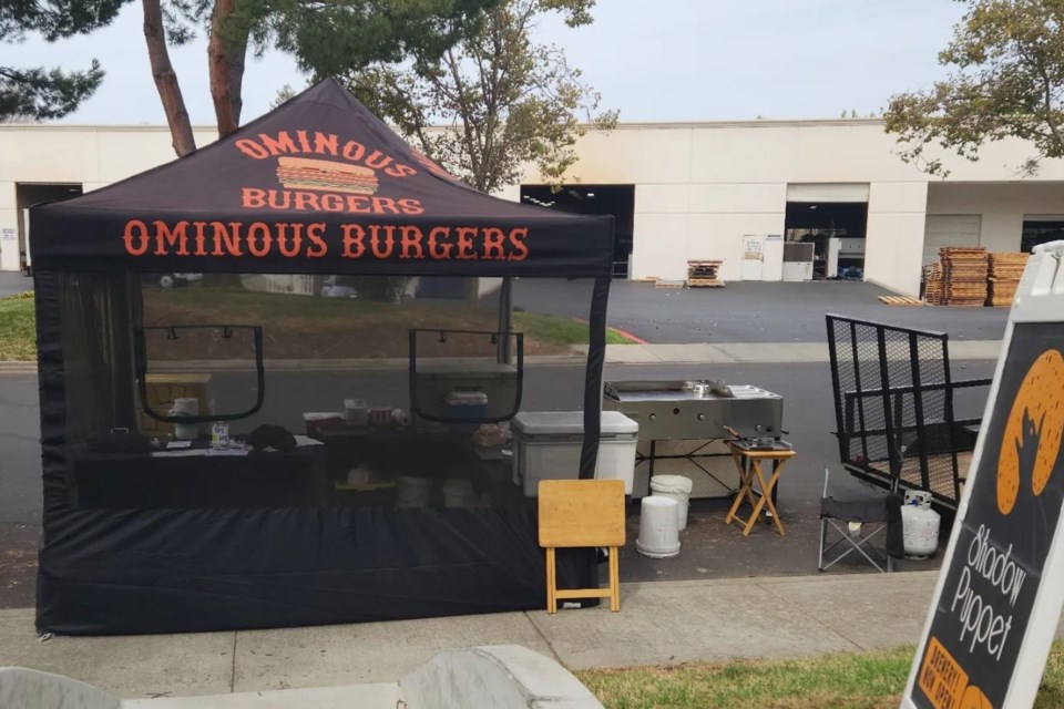Ominous Burgers pop-up tent outside of Shadow Puppet Brewing Company in Livermore. 