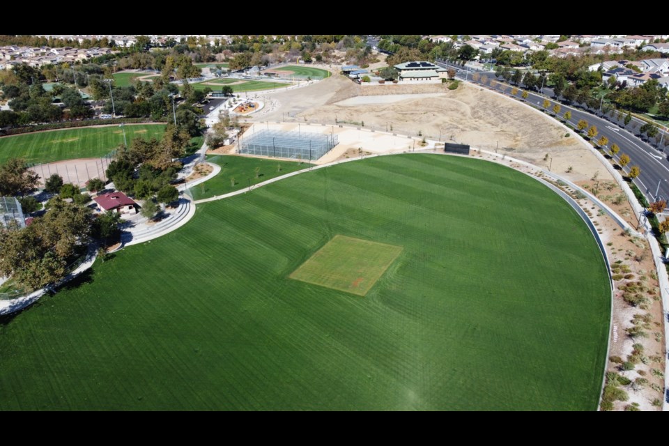An overhead view of Fallon Sports Park in Dublin is shown. The ribbon cutting ceremony officially completed the park's final phase.
