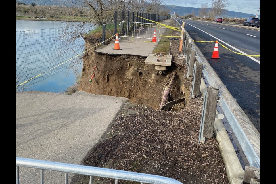 A segment of the trail pathway adjacent to Stanley Boulevard collapses last weekend, leading to the closure of the eastbound side of the thoroughfare.