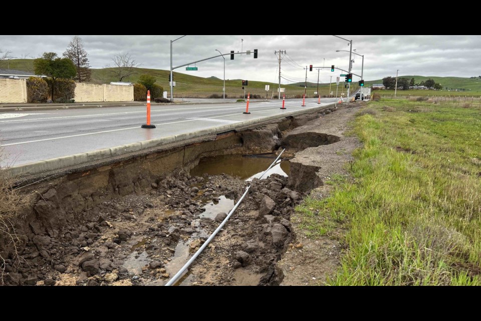 Stormwater from the hills washed out the shoulder of the road between Garaventa Ranch Road and Dalton Avenue in Livermore and has exposed an electric conduit.