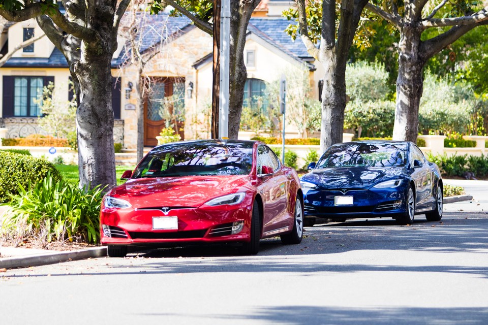 Teslas parked