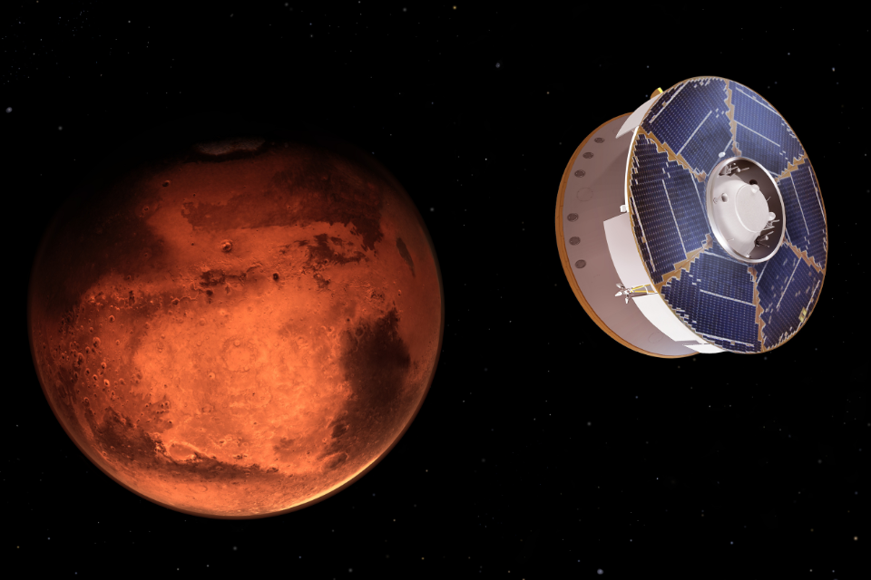 Illustration of the Perseverance rover approaching Mars
