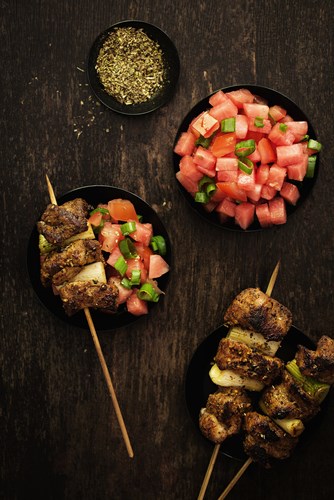Watermelon, pork kabobs kebabs