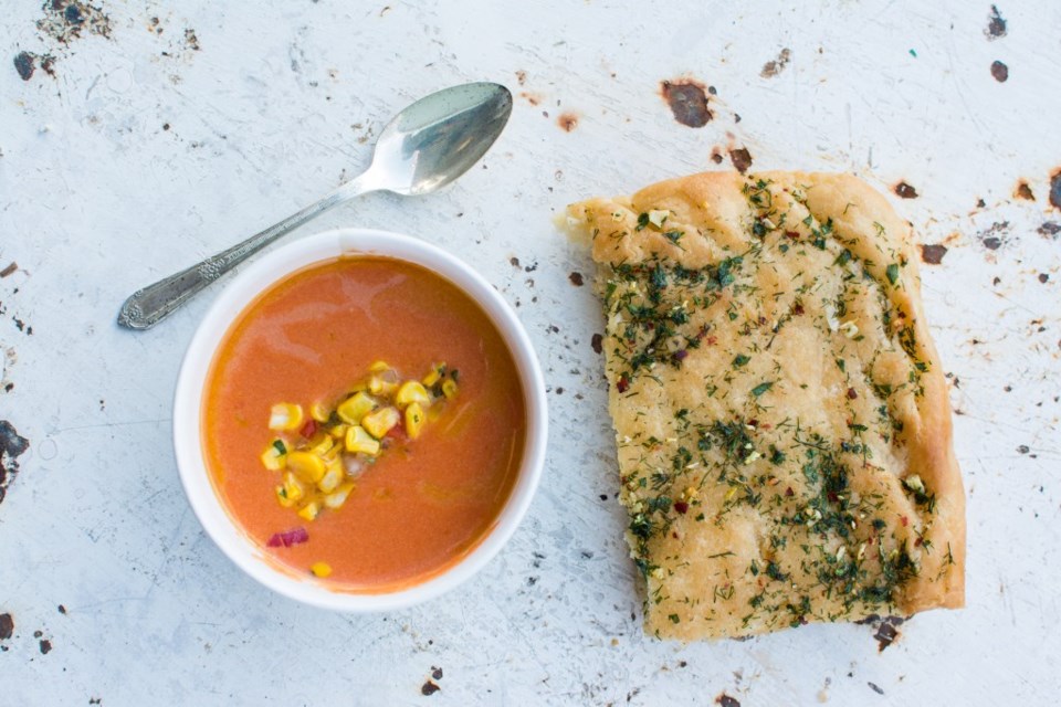 Garlic Herb Focaccia and Tomato Bisque from Patina Green is the perfect comfort food!