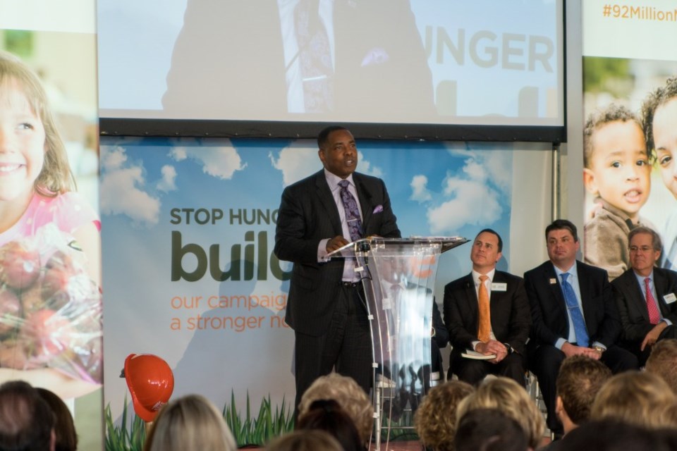 Mayor Harry Larosiliere addresses the crowd at the ground breaking event for the new NTFB distribution facility