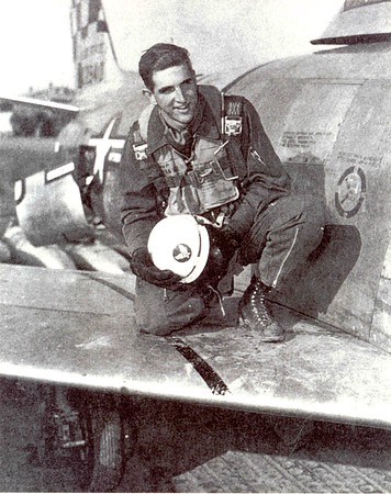 Congressman Sam Johnson in Korea, 1953, on the wing of an F-86 named "Shirley's Texas Tornado"