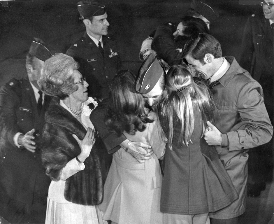 Congressman Sam Johnson greeting his family on the tarmac at Sheppard Air Force Base. (The first time seeing his family after nearly seven years in the infamous Hanoi Hilton.)