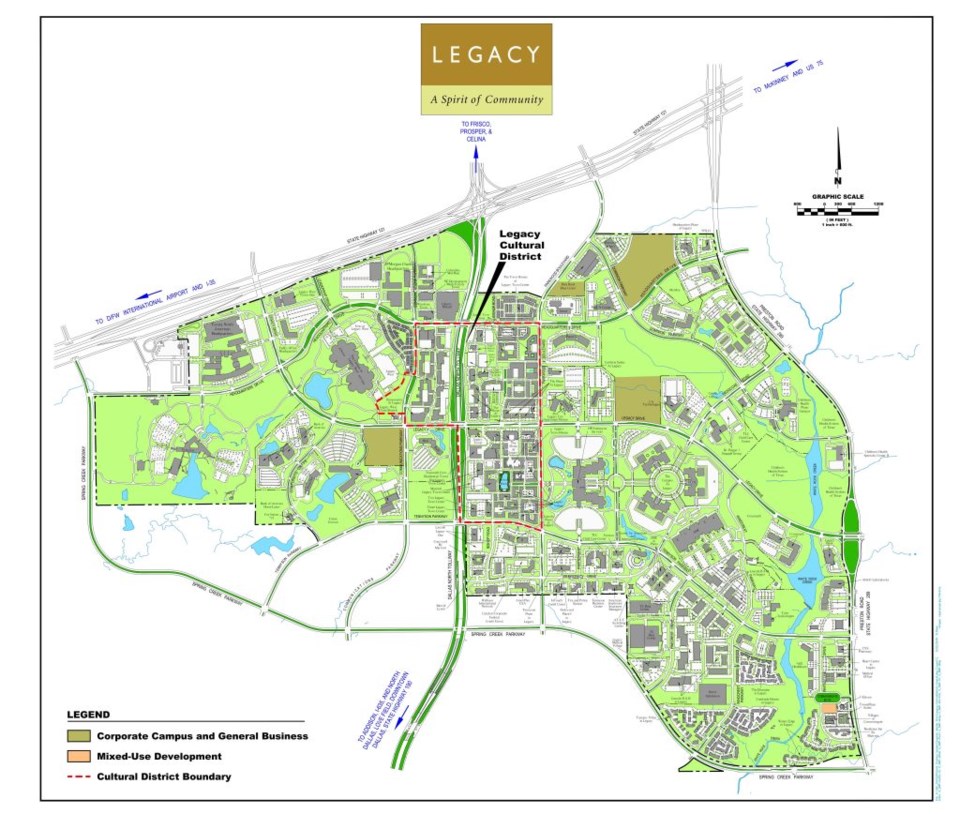 The proposed boundaries for the Legacy Cultural District (marked in black) encompass The Shops at Legacy as well as Legacy West, Plano