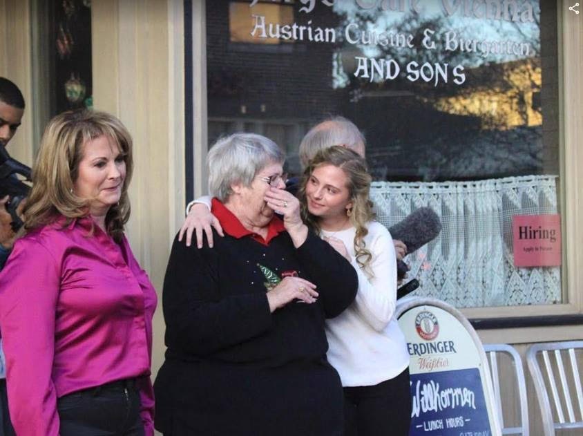 Widow Sally Cohen is comforted by her granddaughter Sophie Perry, when she is overcome with emotion after the first glimpse of her husband’s beloved truck., chevy c10, frisco, downtown plano