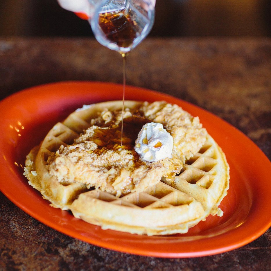 A true Southern classic: Chicken and Waffles served at Spoons in Downtown McKinney - a local best breakfast!