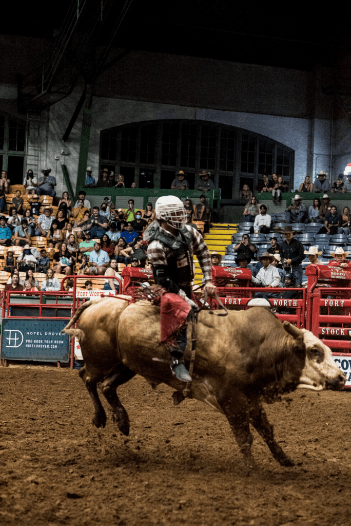 Bull riding at the Cowtown Coliseum rodeo. | Photo by Jordan Jarrett (IG: @jordanjarrettphoto)