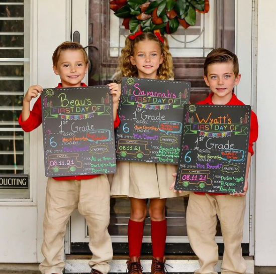 The Bennett triplets' first day of school photo! | Courtesy of Holly Bennett