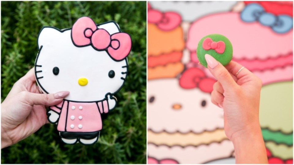 Pictured are a giant Hello Kitty cookie and a macaron. 