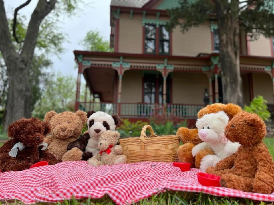 Teddy bears enjoy a picnic together.